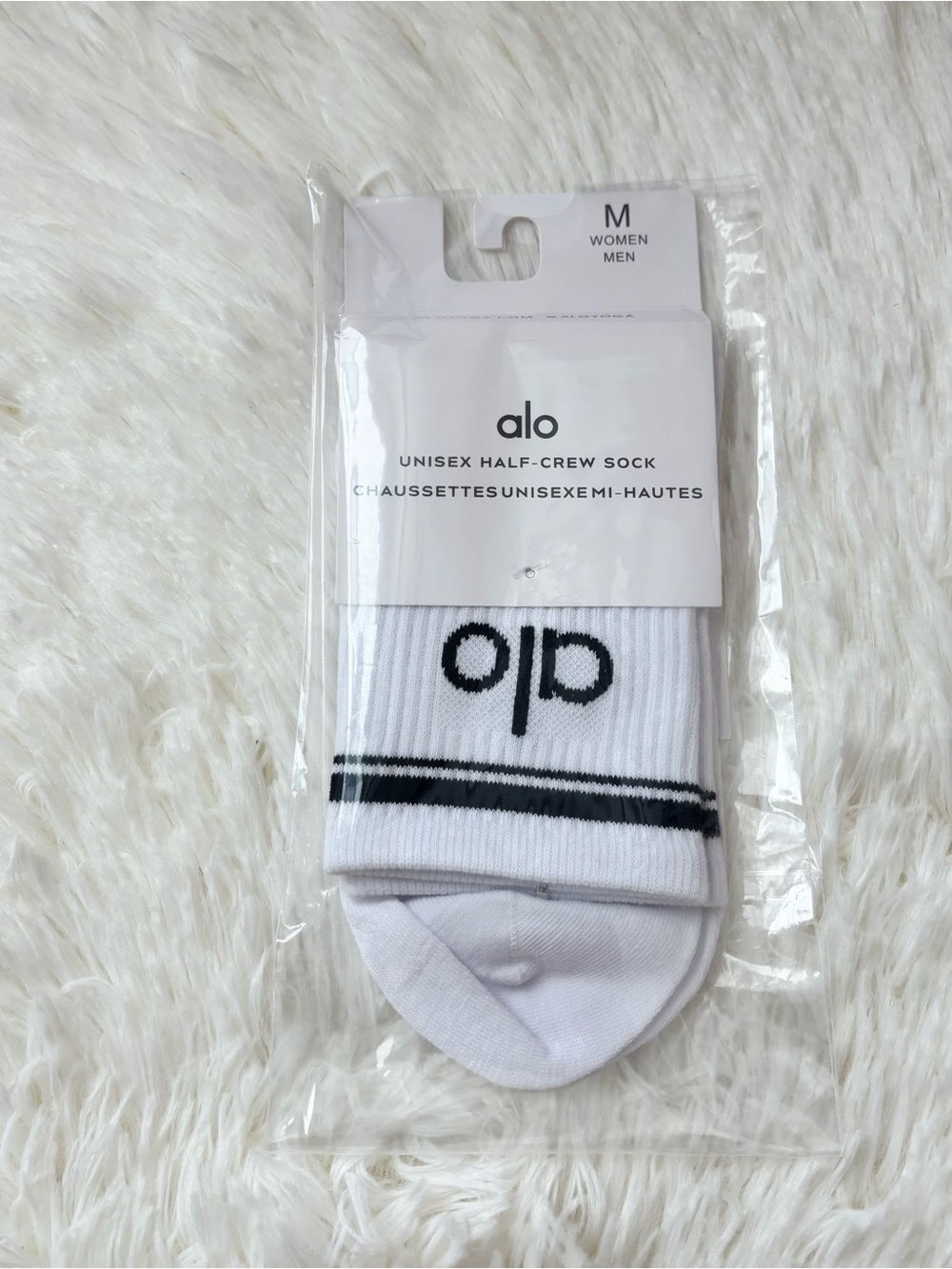 ALO Yoga White Half-Crew Socks with Black Logo and Stripes